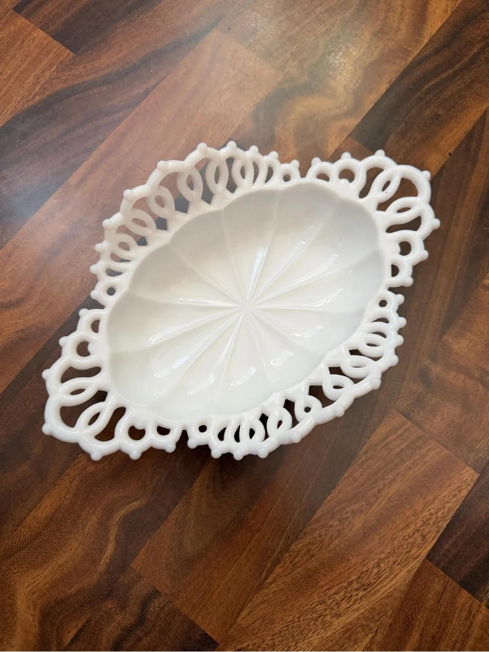 White Decorative Milk Glass Bowl with Lattice Edge